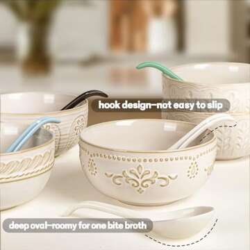 Artena Bright White 6.75 inch Asian Soup Spoons Set of 6, Ultra-fine Porcelain Tablespoon, Chinese/Japanese Kitchen Soup Spoons for Cereal, Small Spoons for Ramen Pho - Deep Oval Hook Design