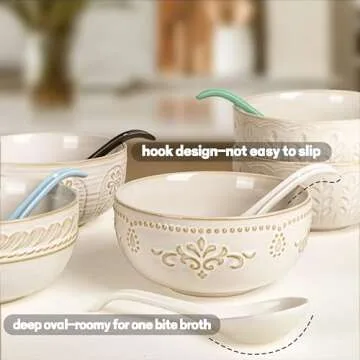 Artena Bright White 6.75 inch Asian Soup Spoons Set of 6, Ultra-fine Porcelain Tablespoon, Chinese/Japanese Kitchen Soup Spoons for Cereal, Small Spoons for Ramen Pho - Deep Oval Hook Design