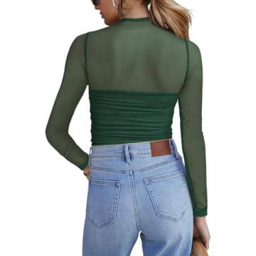 Stylish Zeagoo Women's Long Sleeve Mesh Top in Green