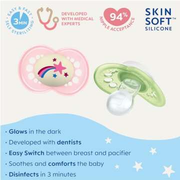 MAM Night Pacifiers (2 Count), MAM Pacifiers 6+ Months, Best Pacifier for Breastfed Babies, Glow in ...