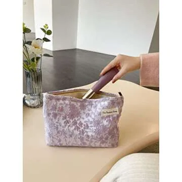 The Summer Swan | Large Aesthetic Makeup Bag | Floral Makeup Bag | Mid-day Clutch | Period Kit Bag | Hygiene Bag | Skincare Bag | Cute Makeup Bag (Embroidery Light Purple)