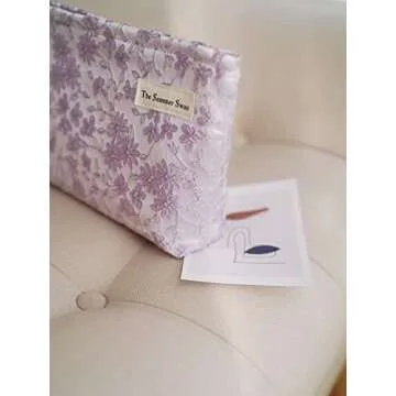 The Summer Swan | Large Aesthetic Makeup Bag | Floral Makeup Bag | Mid-day Clutch | Period Kit Bag | Hygiene Bag | Skincare Bag | Cute Makeup Bag (Embroidery Light Purple)
