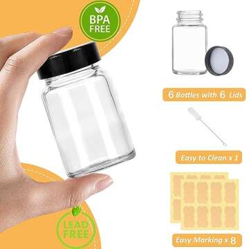 LANBEAUTIFY 2 oz Small Clear Glass Bottles with Lids - 6Pcs Wide Mouth Shot Bottles with Caps for Ginger Shots, Juice, Potion, Liquids, Whiskey - Mini Travel Bottles with Funnels, Stickers