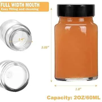 LANBEAUTIFY 2 oz Small Clear Glass Bottles with Lids - 6Pcs Wide Mouth Shot Bottles with Caps for Ginger Shots, Juice, Potion, Liquids, Whiskey - Mini Travel Bottles with Funnels, Stickers