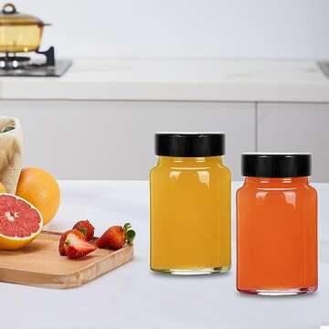 LANBEAUTIFY 2 oz Small Clear Glass Bottles with Lids - 6Pcs Wide Mouth Shot Bottles with Caps for Ginger Shots, Juice, Potion, Liquids, Whiskey - Mini Travel Bottles with Funnels, Stickers