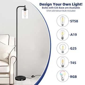 Industrial Floor Lamp with Hanging Glass Shade Black Farmhouse Indoor Pole Light with Edison E26 Base Vintage Rustic Standing Tall Lighting for Living Room Bedroom Office(ST64 Bulb Included)