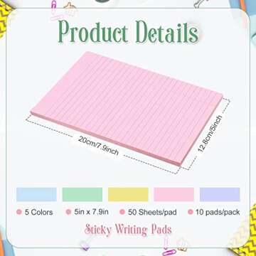 TaoBary 10 Pack 500 Sheets (50/Pad) Lined Sticky Notepads 5 x 8 Inch Large Note Pads Colorful Self S...