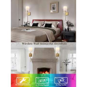 Battery Operated Wall Sconces Set of 2 Two Wireless Sconces Brass Gold Rechargeable Wall Lights Dimmable&RGB Battery Powered Wall Sconce Wall Decor for Bedroom Living Room, Remote Control