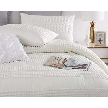 Cupocupa King Size Comforter Set;White Boho Tufted Lightweight Bedding Sets 3PCS Soft Jacquard Pom Pom Comforter with 2 Pillow Cases for All Season