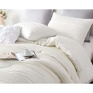 Cupocupa King Size Comforter Set;White Boho Tufted Lightweight Bedding Sets 3PCS Soft Jacquard Pom Pom Comforter with 2 Pillow Cases for All Season