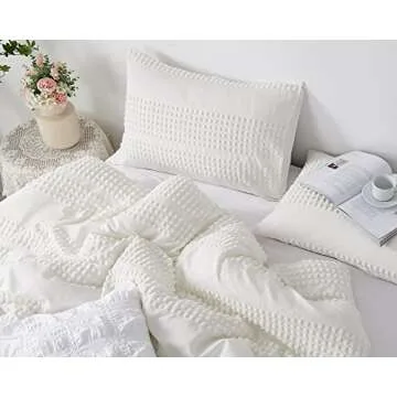 Cupocupa King Size Comforter Set;White Boho Tufted Lightweight Bedding Sets 3PCS Soft Jacquard Pom Pom Comforter with 2 Pillow Cases for All Season
