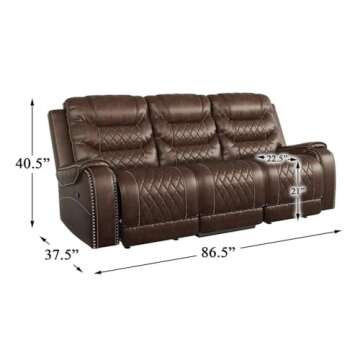Pemberly Row Double Reclining Sofa, Drop Down Cup Holders, Recliner Couch for Living Room and Home Theatre, Faux Leather Seats, Charging Station, Center Console, Dark Brown