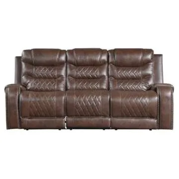 Pemberly Row Double Reclining Sofa, Drop Down Cup Holders, Recliner Couch for Living Room and Home Theatre, Faux Leather Seats, Charging Station, Center Console, Dark Brown