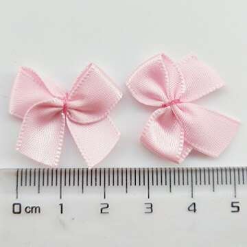 Chenkou Craft 60pcs Mini Satin Ribbon Bows Flowers 1" x3/4" Appliques DIY Craft Pink Color
