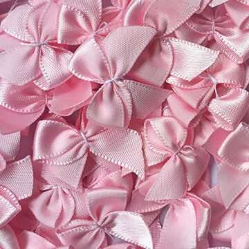 Chenkou Craft 60pcs Mini Satin Ribbon Bows Flowers 1" x3/4" Appliques DIY Craft Pink Color