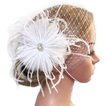 BABEYOND Bridal Wedding Fascinator Mesh Feather Fascinator Hair Clip Hair Fascinator Veil Crystal Wedding Veil (A-White)