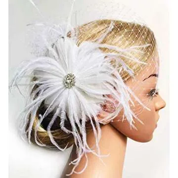 BABEYOND Bridal Wedding Fascinator Mesh Feather Fascinator Hair Clip Hair Fascinator Veil Crystal Wedding Veil (A-White)