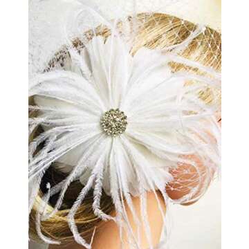 BABEYOND Bridal Wedding Fascinator Mesh Feather Fascinator Hair Clip Hair Fascinator Veil Crystal Wedding Veil (A-White)