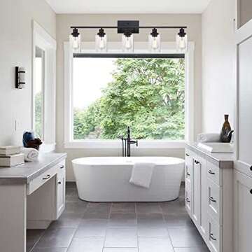 MELUCEE 40 Inches Length 5-Light Bathroom Vanity Light Fixtures Black Industrial Wall Sconce Lighting with Clear Glass Shade for Living Room Bedroom Hallway Kitchen (Patent No.: US D963914 S)