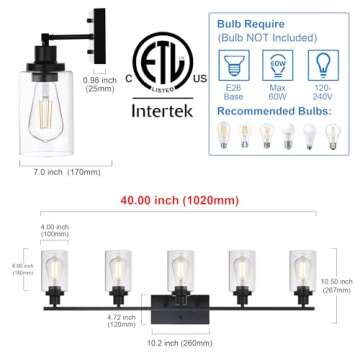 MELUCEE 40 Inches Length 5-Light Bathroom Vanity Light Fixtures Black Industrial Wall Sconce Lighting with Clear Glass Shade for Living Room Bedroom Hallway Kitchen (Patent No.: US D963914 S)