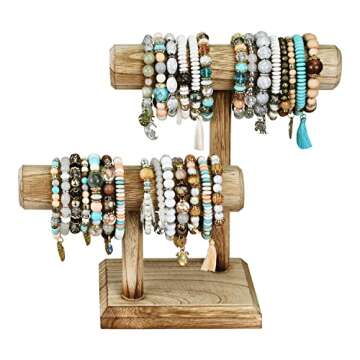 Ikee Design 2 Tier Wooden Jewelry Bracelet Watch Display Tower, Bangle Scrunchie Necklace Holder Storage Stand, Oak Color, 7.9 W x 4.3 D x 9.4 H in