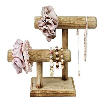 Ikee Design 2 Tier Wooden Jewelry Bracelet Watch Display Tower, Bangle Scrunchie Necklace Holder Storage Stand, Oak Color, 7.9 W x 4.3 D x 9.4 H in