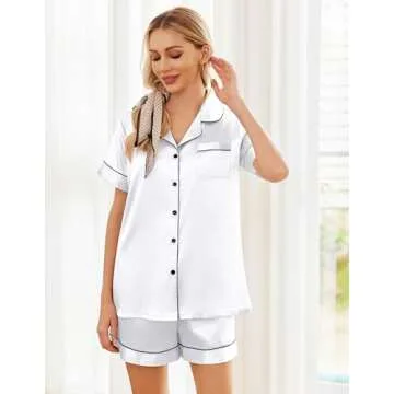 Ekouaer Womens Satin Pajamas Set Silk Soft Sleepwear Short Sleeve Button Up Pjs Bridal Nightwear Lounge Shorts Set,White,S