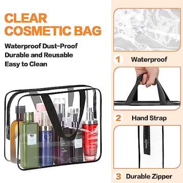 HAOGUAGUA 3 Pieces Large Clear Travel Bags for Toiletries, Waterproof Clear Plastic Cosmetic Makeup Bags, Transparent Packing Organizer Storage Bags (Black)