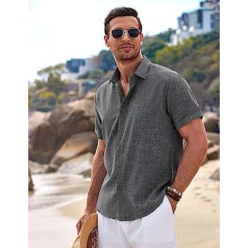 COOFANDY Men's Beach Summer Cotton Linen Stretch Shirt Novelty Button Down Shirts Vacation Shirts for Men Dark Grey