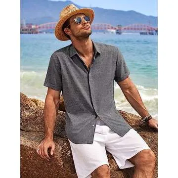 COOFANDY Men's Beach Summer Cotton Linen Stretch Shirt Novelty Button Down Shirts Vacation Shirts for Men Dark Grey