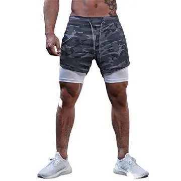 Surenow Mens Running Shorts，Workout Running Shorts for Men，2-in-1 Stealth Shorts， 7-Inch Gym Yoga Outdoor Sports Shorts Camouflage Grey