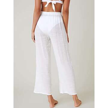 SOLY HUX Women's Sheer Pants High Waist Wide Leg Beach Swimwear Bikini Cover Up Pants Pure White M