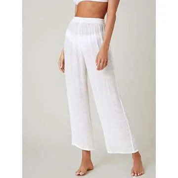 SOLY HUX Women's Sheer Pants High Waist Wide Leg Beach Swimwear Bikini Cover Up Pants Pure White M