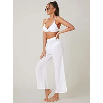 SOLY HUX Women's Sheer Pants High Waist Wide Leg Beach Swimwear Bikini Cover Up Pants Pure White M