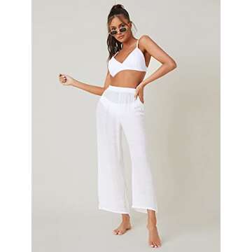 SOLY HUX Women's Sheer Pants High Waist Wide Leg Beach Swimwear Bikini Cover Up Pants Pure White M