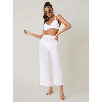 SOLY HUX Women's Sheer Pants High Waist Wide Leg Beach Swimwear Bikini Cover Up Pants Pure White M