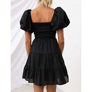 ZESICA Women's 2024 Boho Summer Square Neck Puff Sleeve Off Shoulder Smocked Tiered Casual A Line Short Mini Dress,Black,Medium
