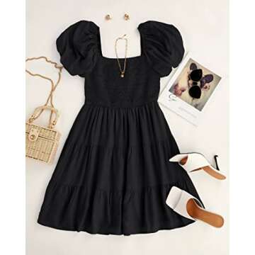ZESICA Women's 2024 Boho Summer Square Neck Puff Sleeve Off Shoulder Smocked Tiered Casual A Line Short Mini Dress,Black,Medium