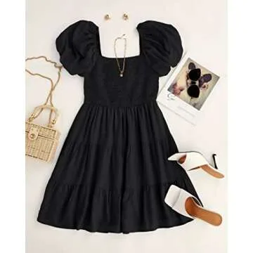 ZESICA Women's 2024 Boho Summer Square Neck Puff Sleeve Off Shoulder Smocked Tiered Casual A Line Short Mini Dress,Black,Medium