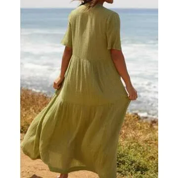 R.Vivimos Womens Summer Cotton Flowy Maxi Dress Short Sleeve V Neck Empire Waist Boho Tiered Ruffle Casual Loose Long Dresses (Small, Olive Green)