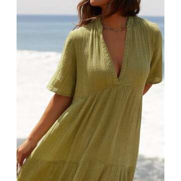 R.Vivimos Womens Summer Cotton Flowy Maxi Dress Short Sleeve V Neck Empire Waist Boho Tiered Ruffle Casual Loose Long Dresses (Small, Olive Green)