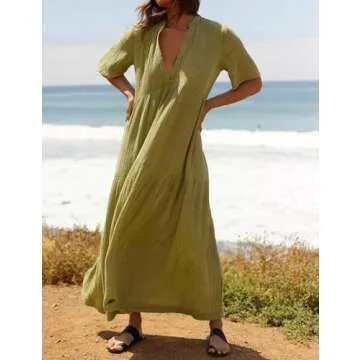 R.Vivimos Womens Summer Cotton Flowy Maxi Dress Short Sleeve V Neck Empire Waist Boho Tiered Ruffle Casual Loose Long Dresses (Small, Olive Green)