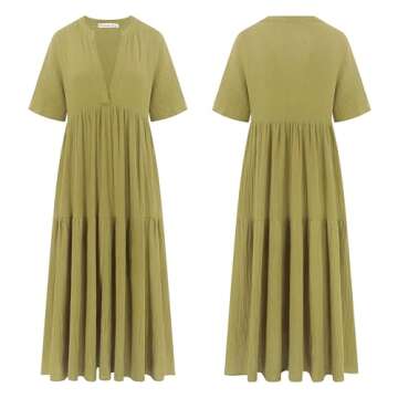 R.Vivimos Womens Summer Cotton Flowy Maxi Dress Short Sleeve V Neck Empire Waist Boho Tiered Ruffle Casual Loose Long Dresses (Small, Olive Green)
