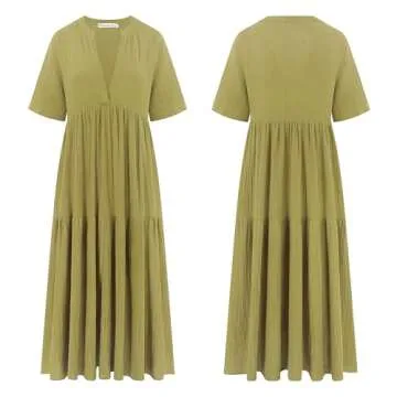 R.Vivimos Womens Summer Cotton Flowy Maxi Dress Short Sleeve V Neck Empire Waist Boho Tiered Ruffle Casual Loose Long Dresses (Small, Olive Green)
