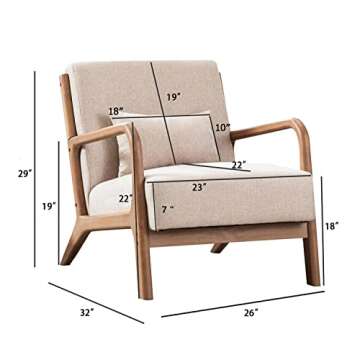 INZOY Mid Century Modern Accent Chair with Wood Frame, Upholstered Living Room Chairs with Waist Cus...