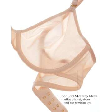 INLYRIC Women's Cosnufy Sheer Balconette Bra Demi Unlined Plunge Mesh See Through Sexy Bras Underwire Beige 34C