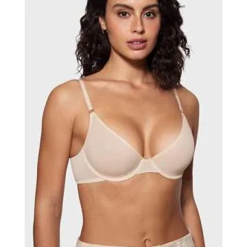INLYRIC Women's Cosnufy Sheer Balconette Bra Demi Unlined Plunge Mesh See Through Sexy Bras Underwire Beige 34C