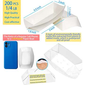 MotBach 200 Pack Small Paper Food Boats, 1/4 Lb Disposable Kraft Food Trays, Take Out Paper Boats, F...