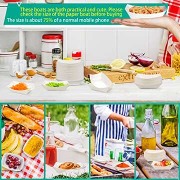 MotBach 200 Pack Small Paper Food Boats, 1/4 Lb Disposable Kraft Food Trays, Take Out Paper Boats, Food Serving Trays, Grease Resistant Paper Trays for Party Fries Popcorn Nachos Snacks Tacos, (White)