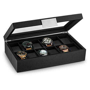 Glenor Co Watch Box Organizer for Men - Luxurious 12 Slot Case with Glass Top
